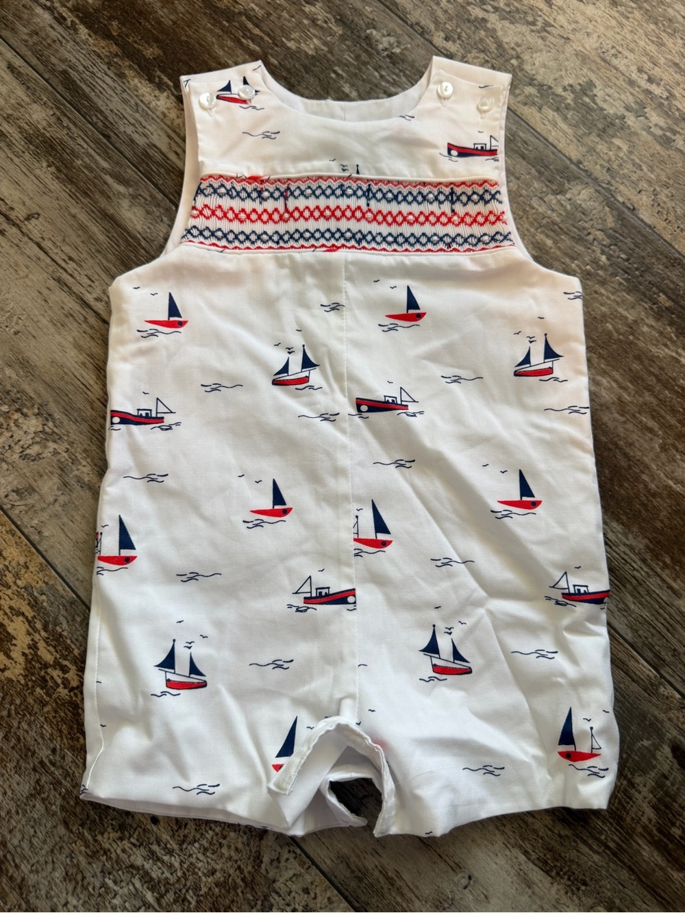 Edgehill Collection White Navy Red Sailboat Smocked One-Piece